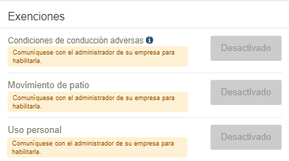 Pantalla de exenciones que indica las tres que están desactivadas actualmente